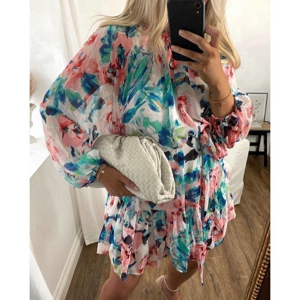H&M Wide Cut Belted Short Chiffon Dress Colorful